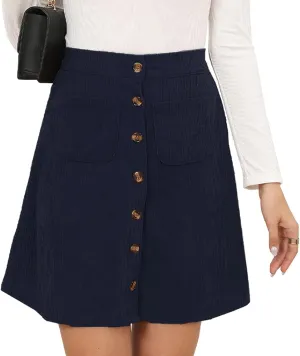 Women's Button Down Corduroy Skirts High Waist A-line Pleated Short Mini Skirt with Pockets