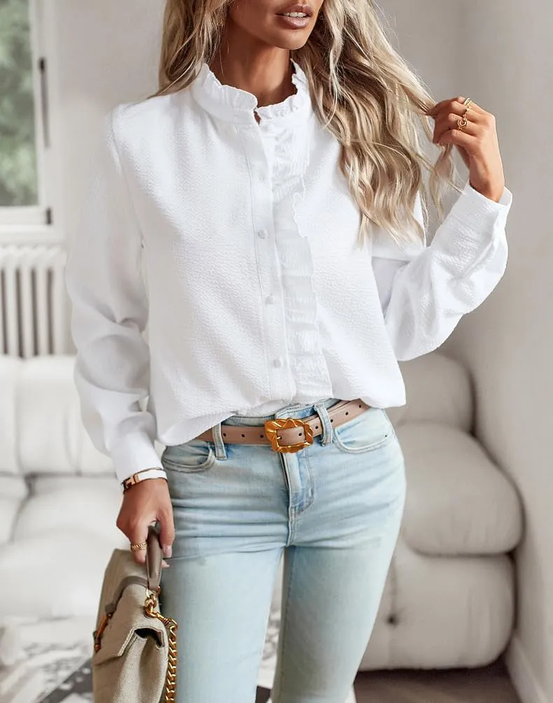 Womens Button Down Shirt Stand Collar Ruffle Top Striped Long Sleeve Shirts Work Tops for Women Trendy
