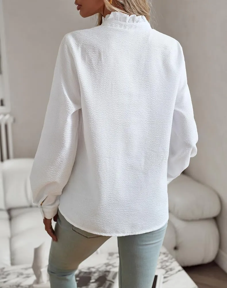 Womens Button Down Shirt Stand Collar Ruffle Top Striped Long Sleeve Shirts Work Tops for Women Trendy