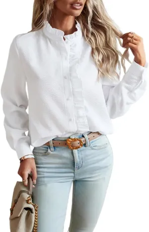 Womens Button Down Shirt Stand Collar Ruffle Top Striped Long Sleeve Shirts Work Tops for Women Trendy