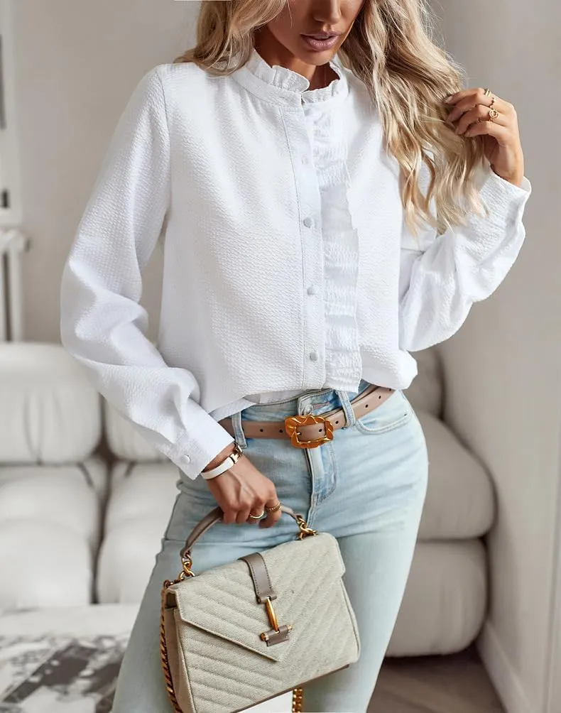 Womens Button Down Shirt Stand Collar Ruffle Top Striped Long Sleeve Shirts Work Tops for Women Trendy