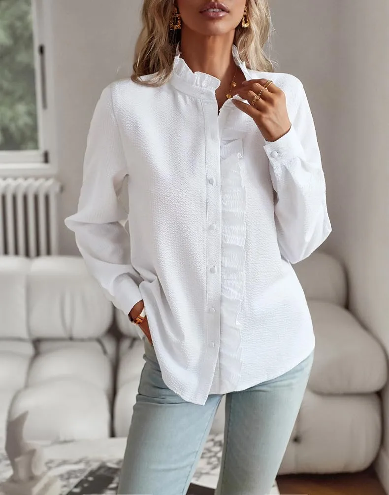 Womens Button Down Shirt Stand Collar Ruffle Top Striped Long Sleeve Shirts Work Tops for Women Trendy