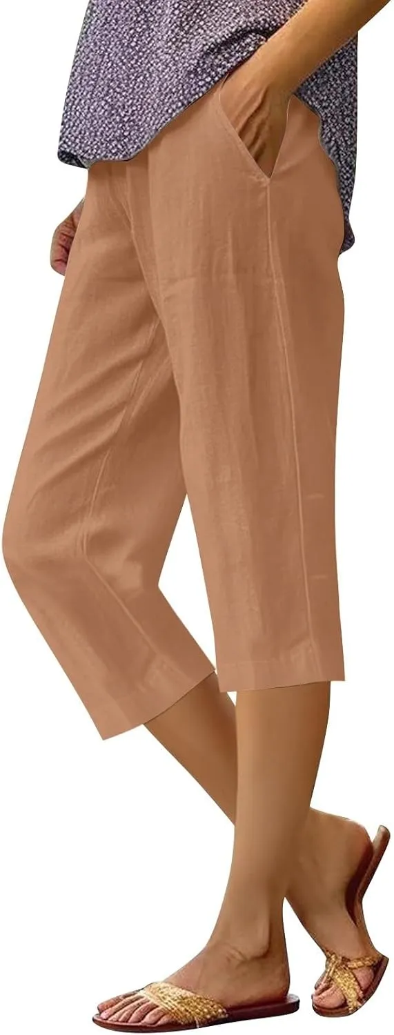 Women's Capri Pants High Waisted Linen Sweatpants Drawstring Petite Summer Beachwear Lightweight Elastic Waist Pants