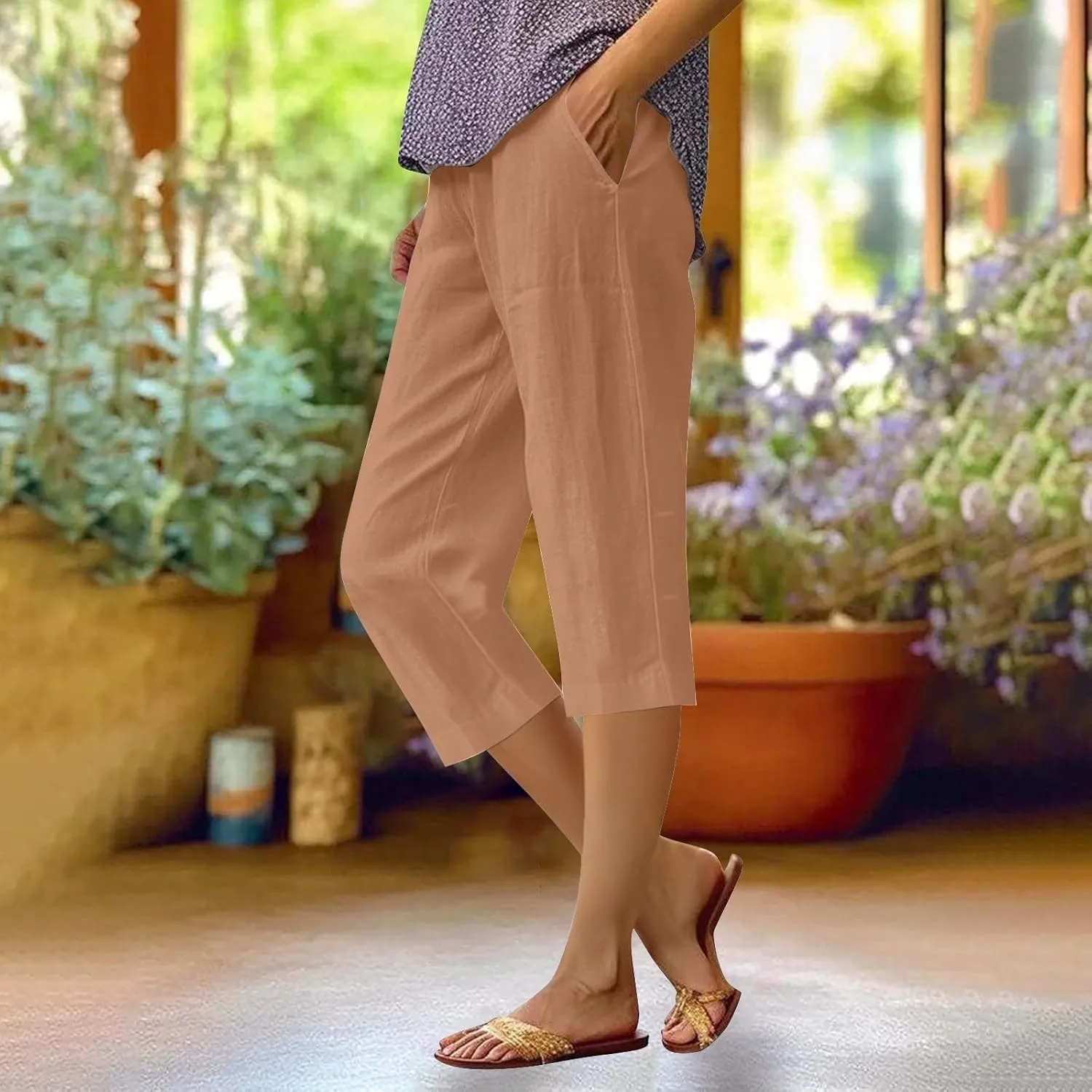 Women's Capri Pants High Waisted Linen Sweatpants Drawstring Petite Summer Beachwear Lightweight Elastic Waist Pants