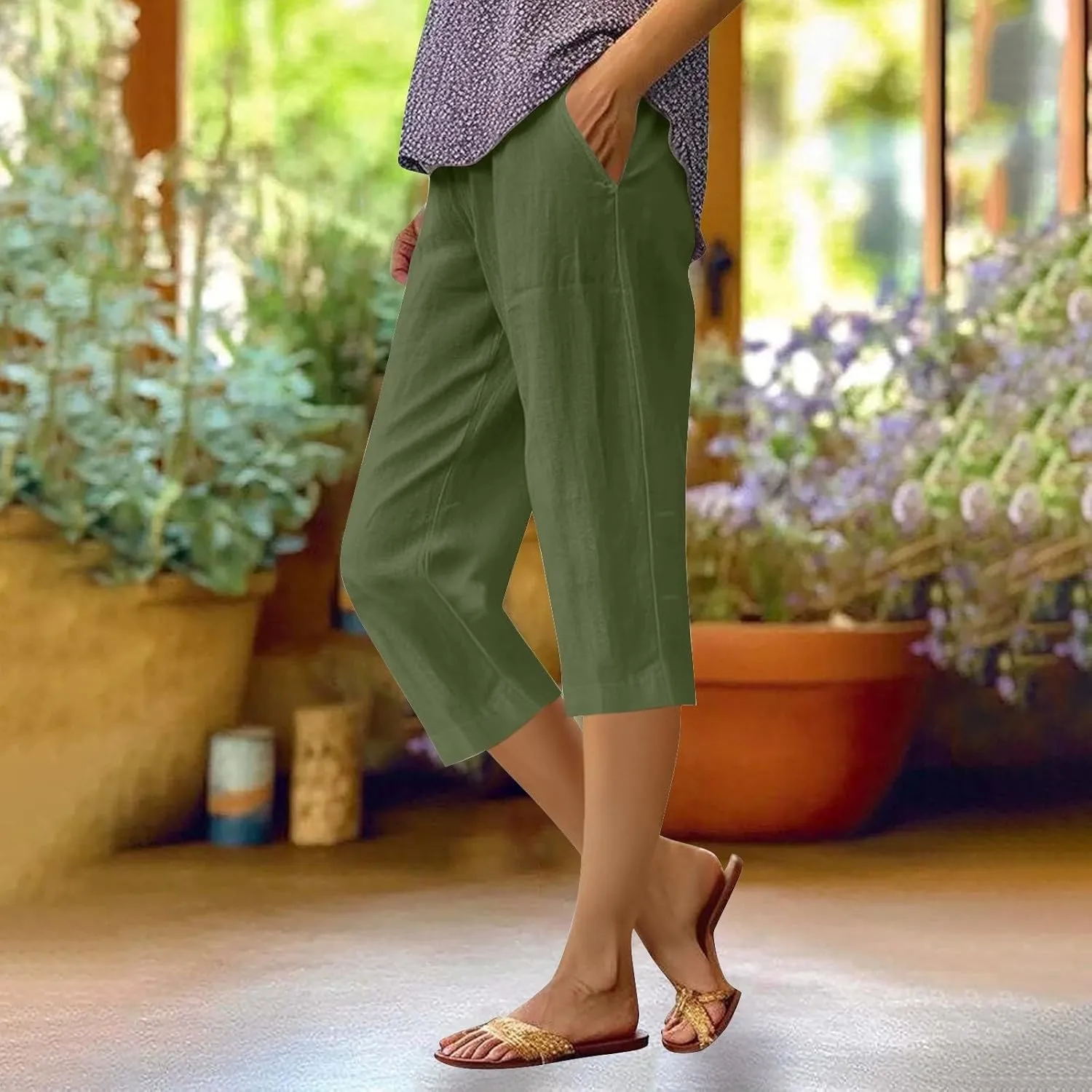 Women's Capri Pants High Waisted Linen Sweatpants Drawstring Petite Summer Beachwear Lightweight Elastic Waist Pants