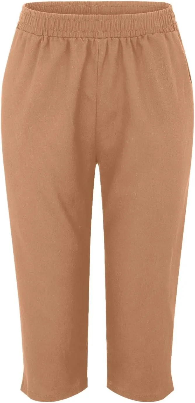 Women's Capri Pants High Waisted Linen Sweatpants Drawstring Petite Summer Beachwear Lightweight Elastic Waist Pants