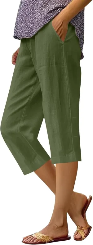 Women's Capri Pants High Waisted Linen Sweatpants Drawstring Petite Summer Beachwear Lightweight Elastic Waist Pants