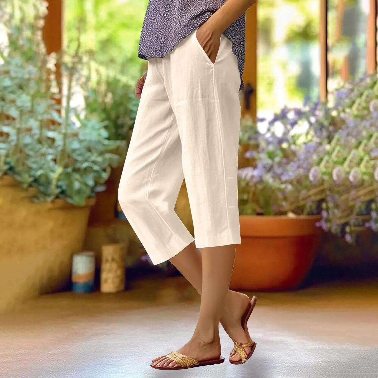 Women's Capri Pants High Waisted Linen Sweatpants Drawstring Petite Summer Beachwear Lightweight Elastic Waist Pants