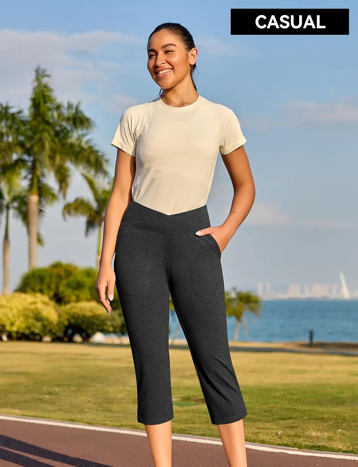 Women's Capri Pants Petite Capris with Pockets High Waisted Straight Cropped Pants Casual Yoga Cotton Summer