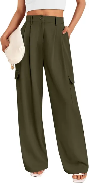 Women's Cargo Dress Pants Business Casual High Waisted Pants Wide Leg Work Trousers Office Pull On Slacks with Pocket