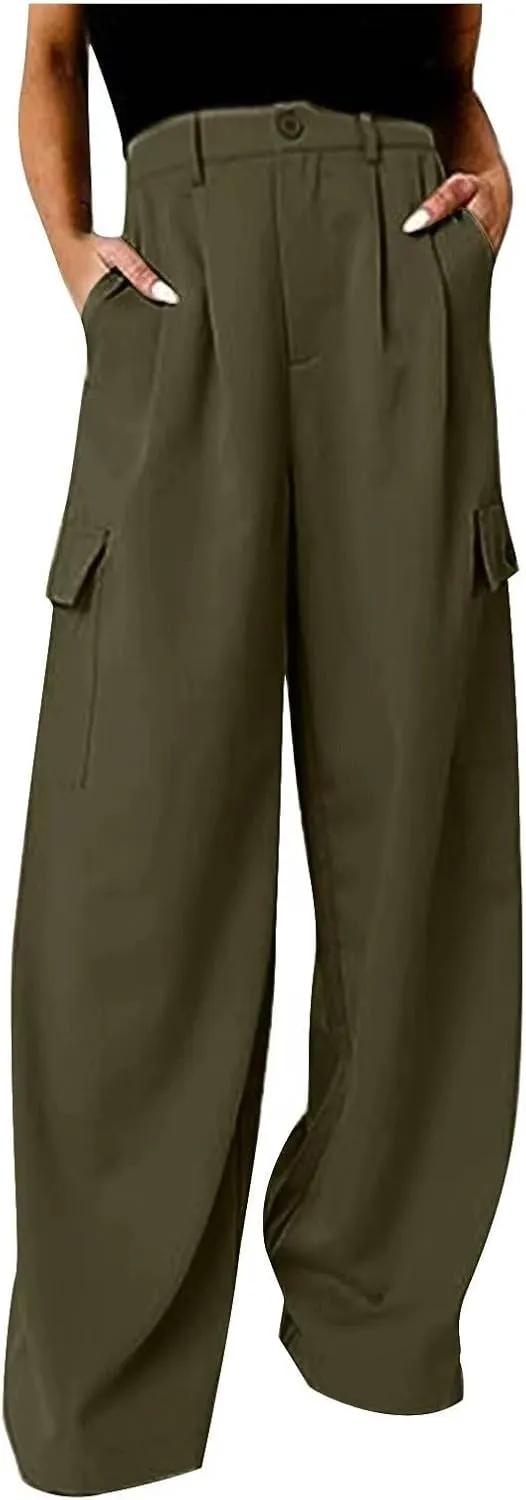 Women's Cargo Dress Pants Business Casual High Waisted Pants Wide Leg Work Trousers Office Pull On Slacks with Pocket