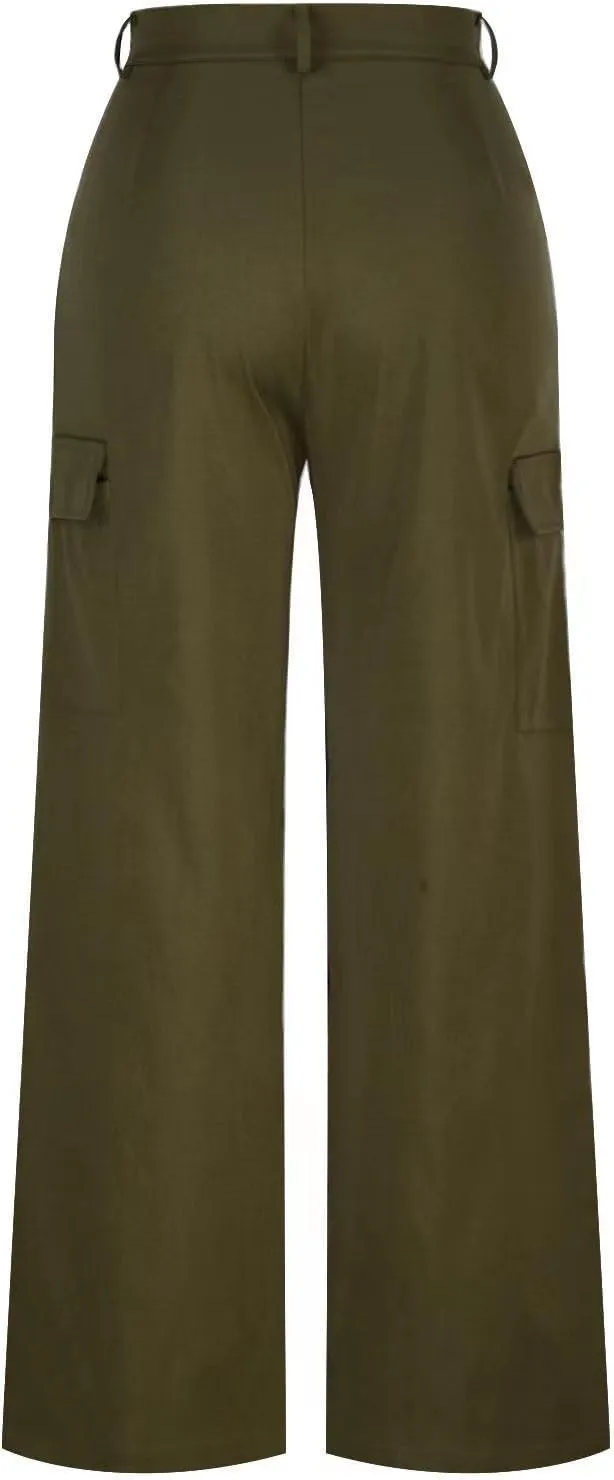 Women's Cargo Dress Pants Business Casual High Waisted Pants Wide Leg Work Trousers Office Pull On Slacks with Pocket