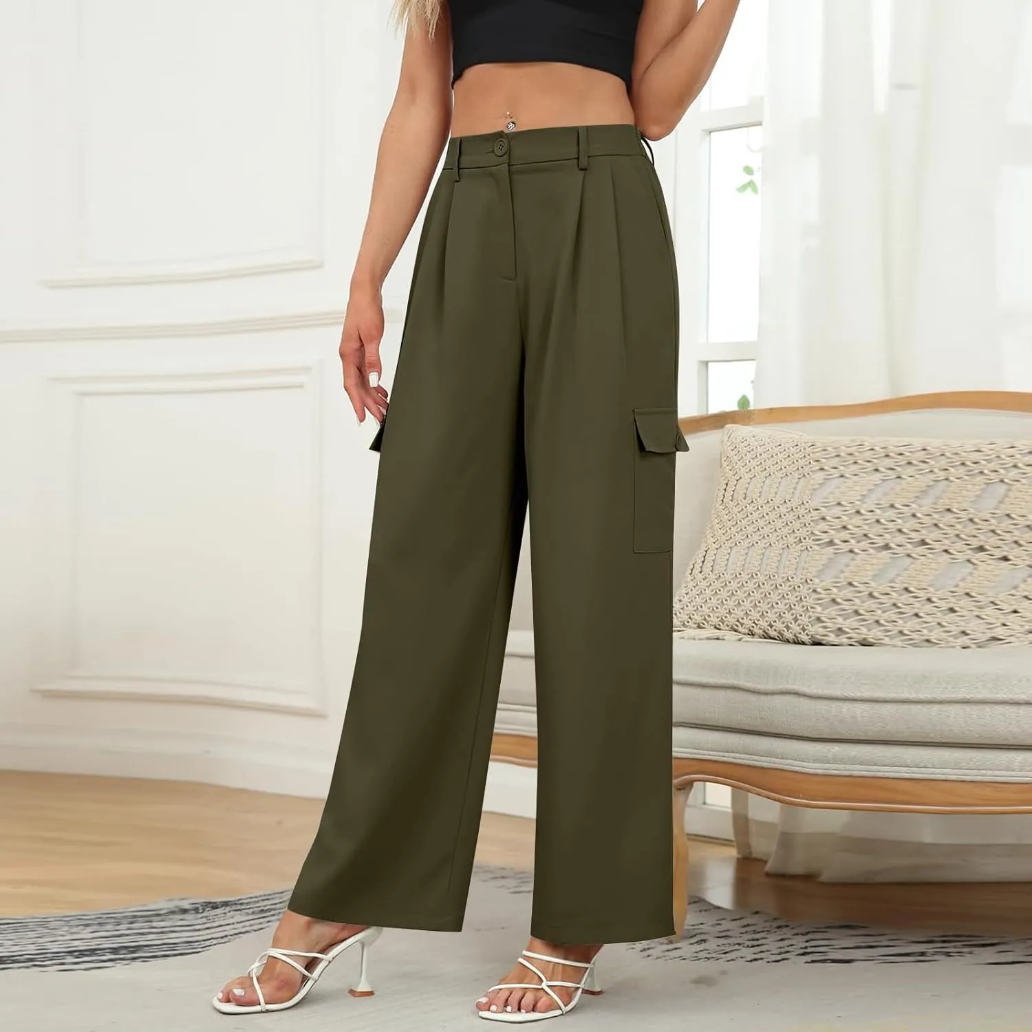 Women's Cargo Dress Pants Business Casual High Waisted Pants Wide Leg Work Trousers Office Pull On Slacks with Pocket