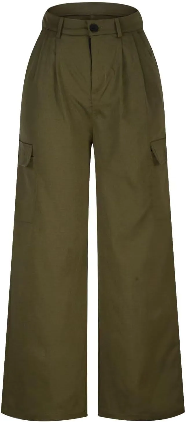 Women's Cargo Dress Pants Business Casual High Waisted Pants Wide Leg Work Trousers Office Pull On Slacks with Pocket