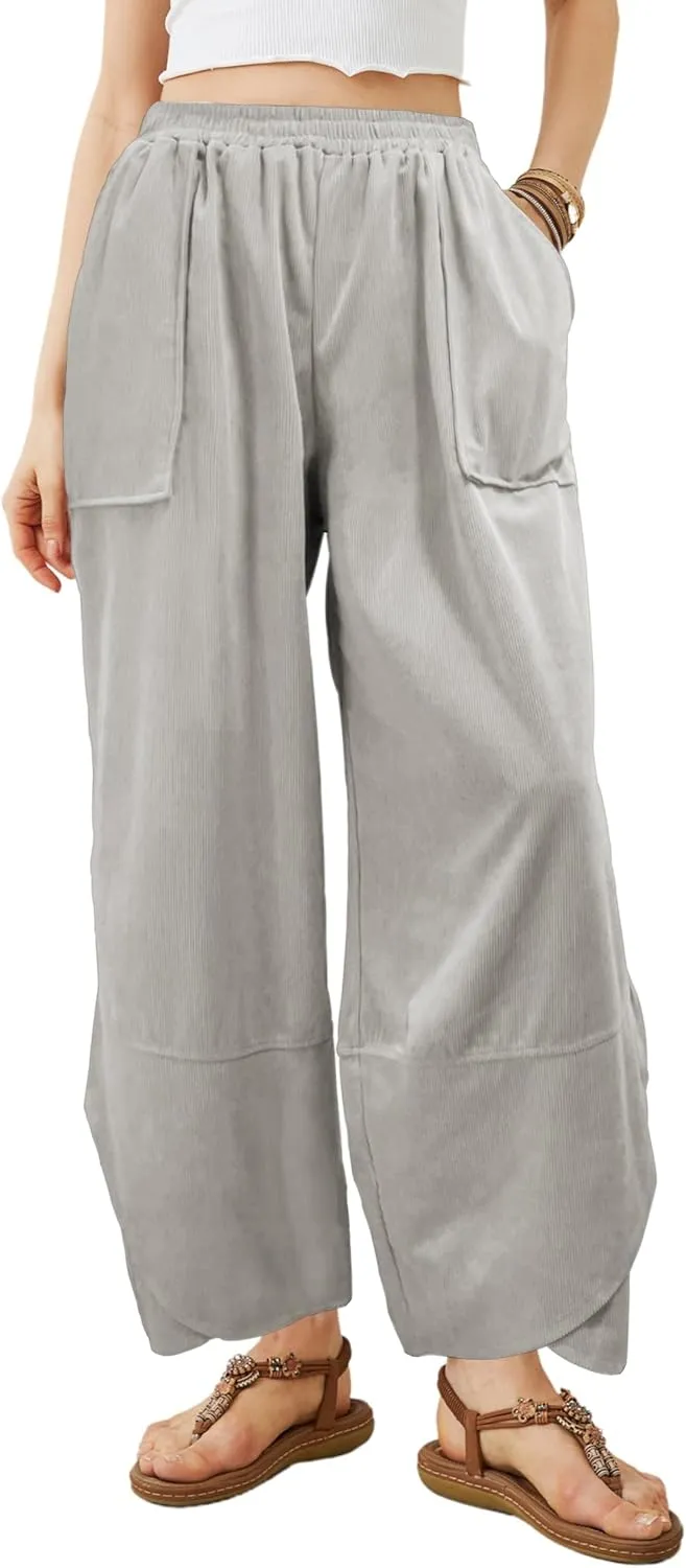 Women's Casual Baggy Wide Leg Pants - Elastic Waist Plue Szie Lightweight Lounge Barrel Beach Pant with Pockets