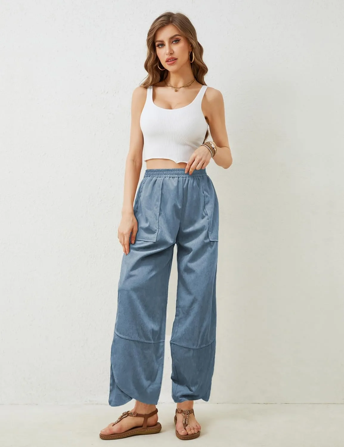 Women's Casual Baggy Wide Leg Pants - Elastic Waist Plue Szie Lightweight Lounge Barrel Beach Pant with Pockets