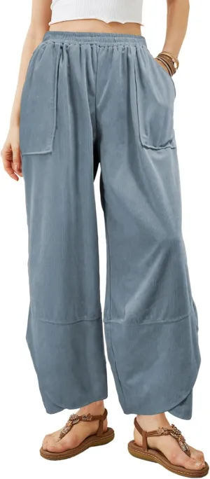 Women's Casual Baggy Wide Leg Pants - Elastic Waist Plue Szie Lightweight Lounge Barrel Beach Pant with Pockets