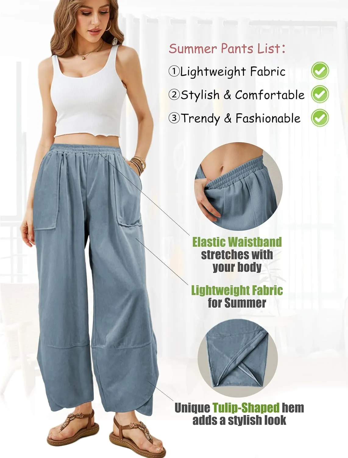 Women's Casual Baggy Wide Leg Pants - Elastic Waist Plue Szie Lightweight Lounge Barrel Beach Pant with Pockets