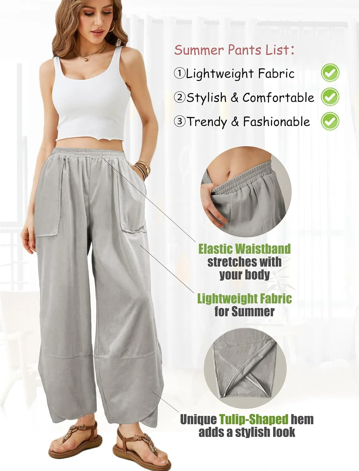 Women's Casual Baggy Wide Leg Pants - Elastic Waist Plue Szie Lightweight Lounge Barrel Beach Pant with Pockets