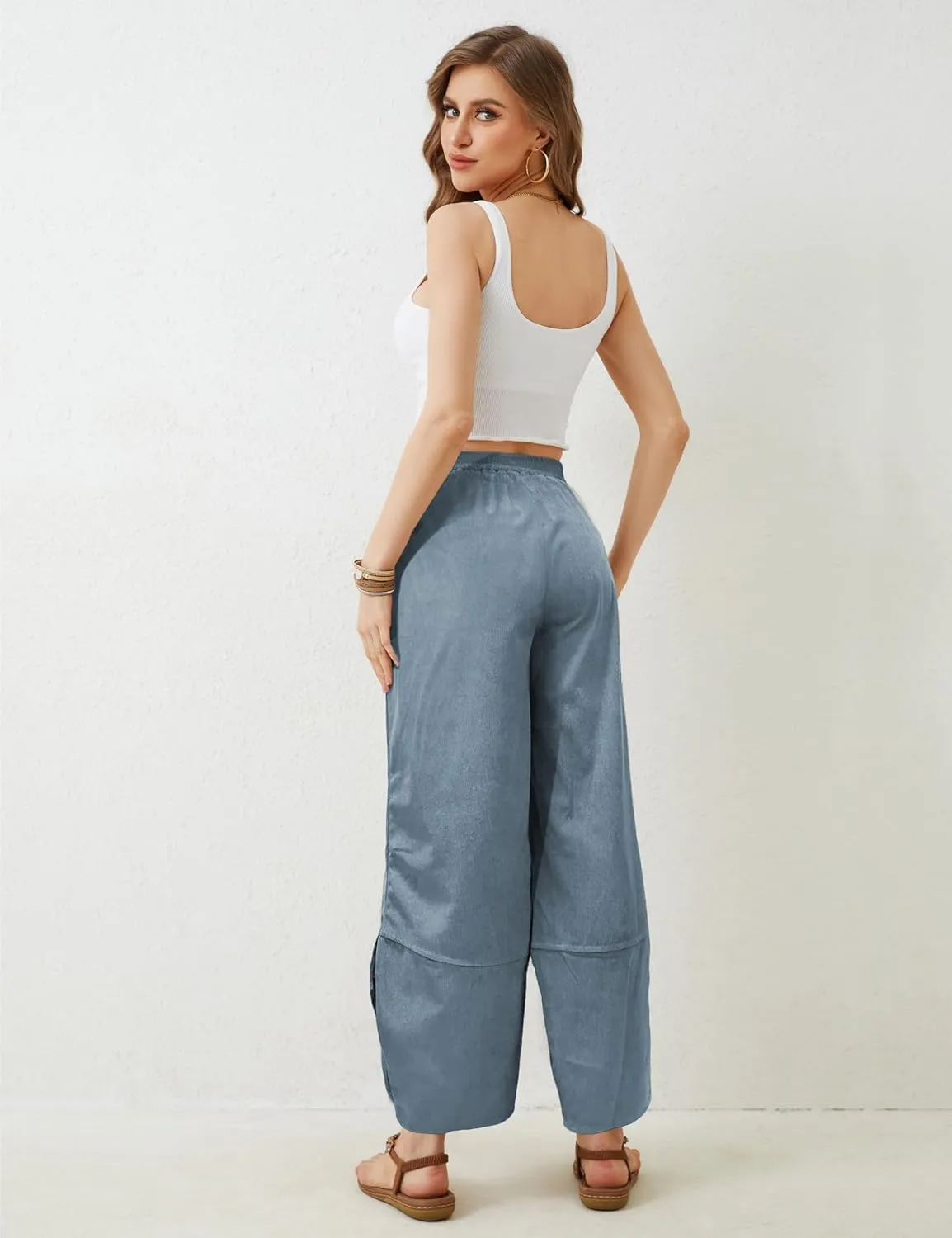 Women's Casual Baggy Wide Leg Pants - Elastic Waist Plue Szie Lightweight Lounge Barrel Beach Pant with Pockets