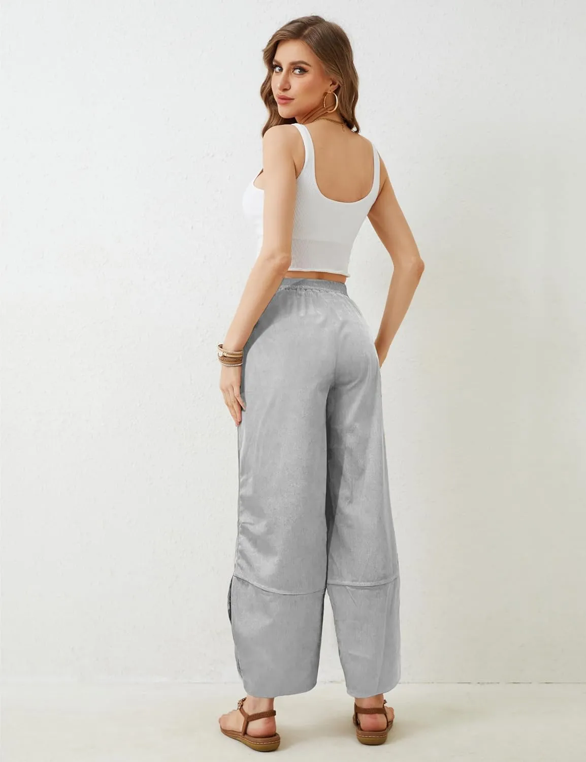 Women's Casual Baggy Wide Leg Pants - Elastic Waist Plue Szie Lightweight Lounge Barrel Beach Pant with Pockets