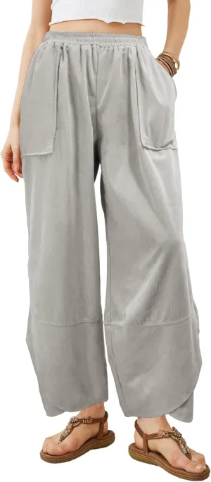 Women's Casual Baggy Wide Leg Pants - Elastic Waist Plue Szie Lightweight Lounge Barrel Beach Pant with Pockets