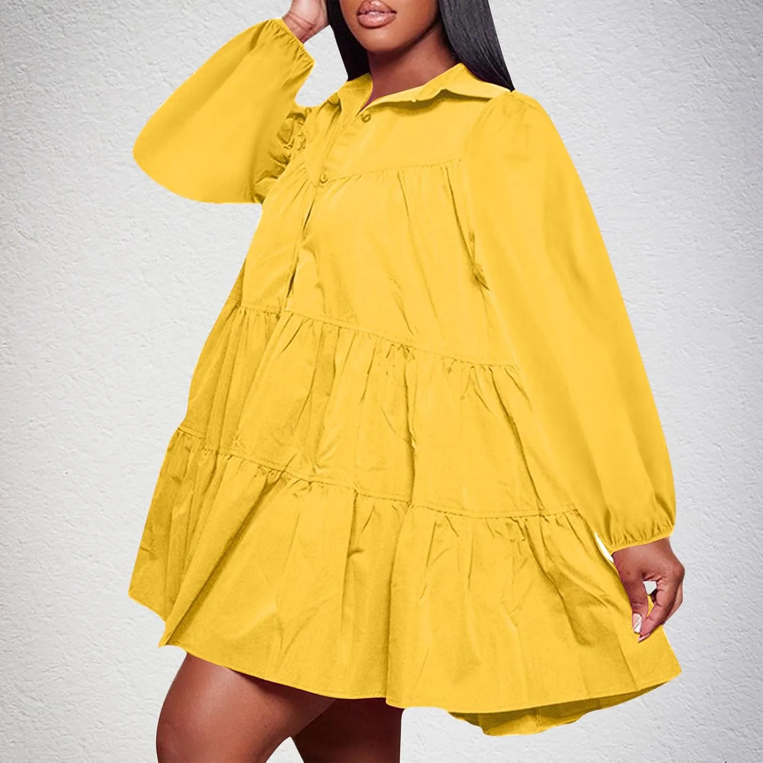 Womens Casual Button Down Shirt Dress Long Sleeve Collared Pleated Swing Mini Dresses Ruffle Hem Dress Plus Size Shirt Dress