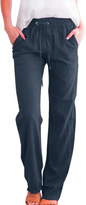 Women's Casual Cotton Linen Pants Summer Relax Fit Elastic Waist Straight Leg Comfy Solid Color Lounge Long Trouser
