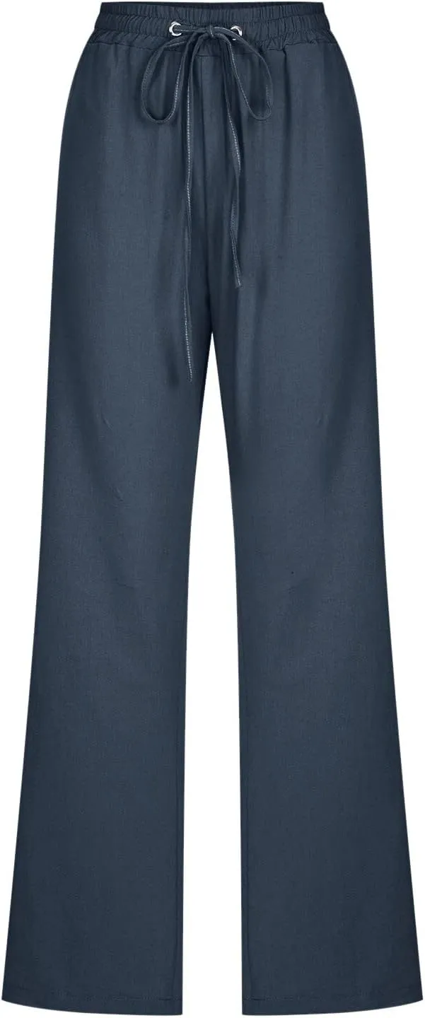 Women's Casual Cotton Linen Pants Summer Relax Fit Elastic Waist Straight Leg Comfy Solid Color Lounge Long Trouser