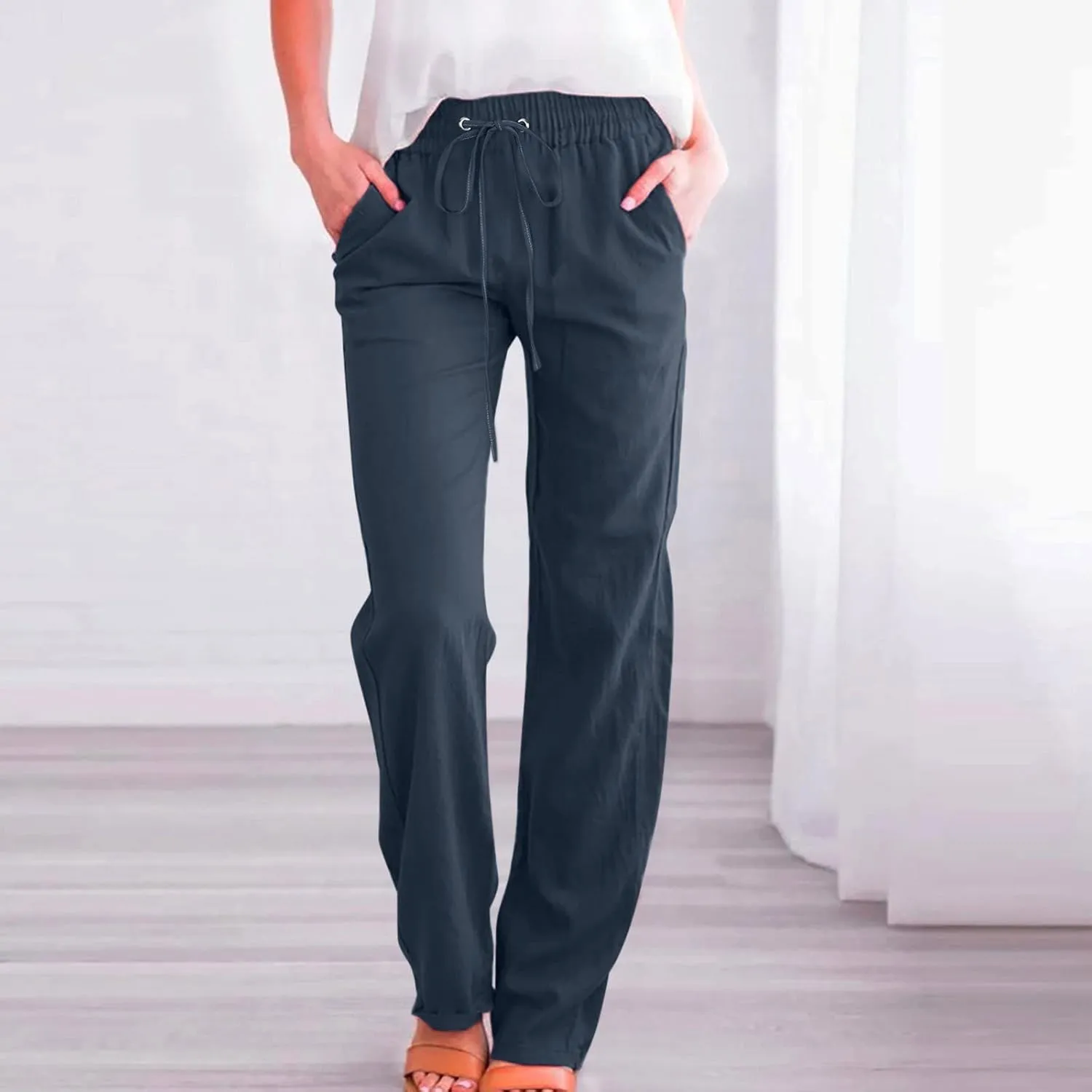 Women's Casual Cotton Linen Pants Summer Relax Fit Elastic Waist Straight Leg Comfy Solid Color Lounge Long Trouser