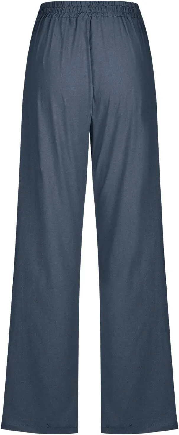 Women's Casual Cotton Linen Pants Summer Relax Fit Elastic Waist Straight Leg Comfy Solid Color Lounge Long Trouser