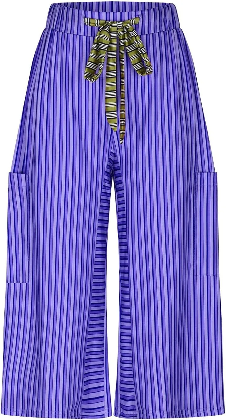Womens Casual Striped Wide Leg Trousers Y2k Stripe Capri Pants Elastic Low Rise Loose Lounge Pants with Pocket
