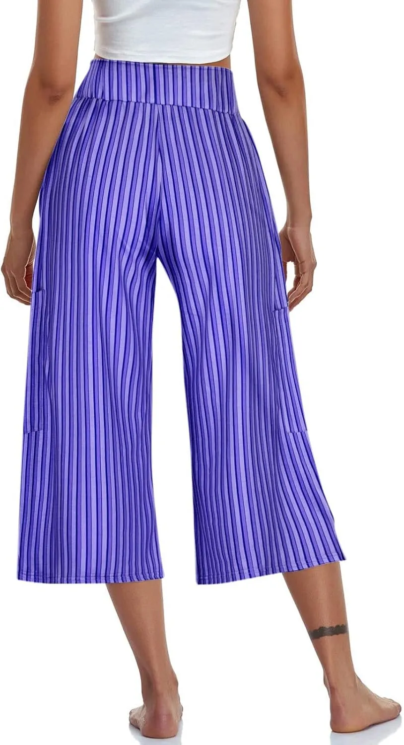Womens Casual Striped Wide Leg Trousers Y2k Stripe Capri Pants Elastic Low Rise Loose Lounge Pants with Pocket