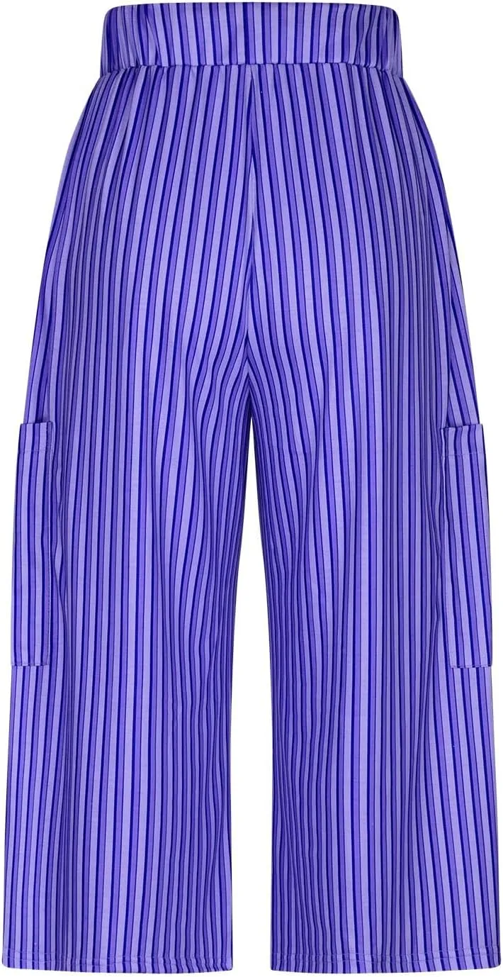 Womens Casual Striped Wide Leg Trousers Y2k Stripe Capri Pants Elastic Low Rise Loose Lounge Pants with Pocket