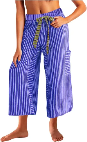 Womens Casual Striped Wide Leg Trousers Y2k Stripe Capri Pants Elastic Low Rise Loose Lounge Pants with Pocket