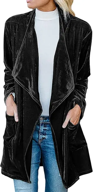 Womens Casual Velvet Long Cardigan Jackets Long Sleeve Solid Color Coat Open Front Fashion Coatigan with Pockets