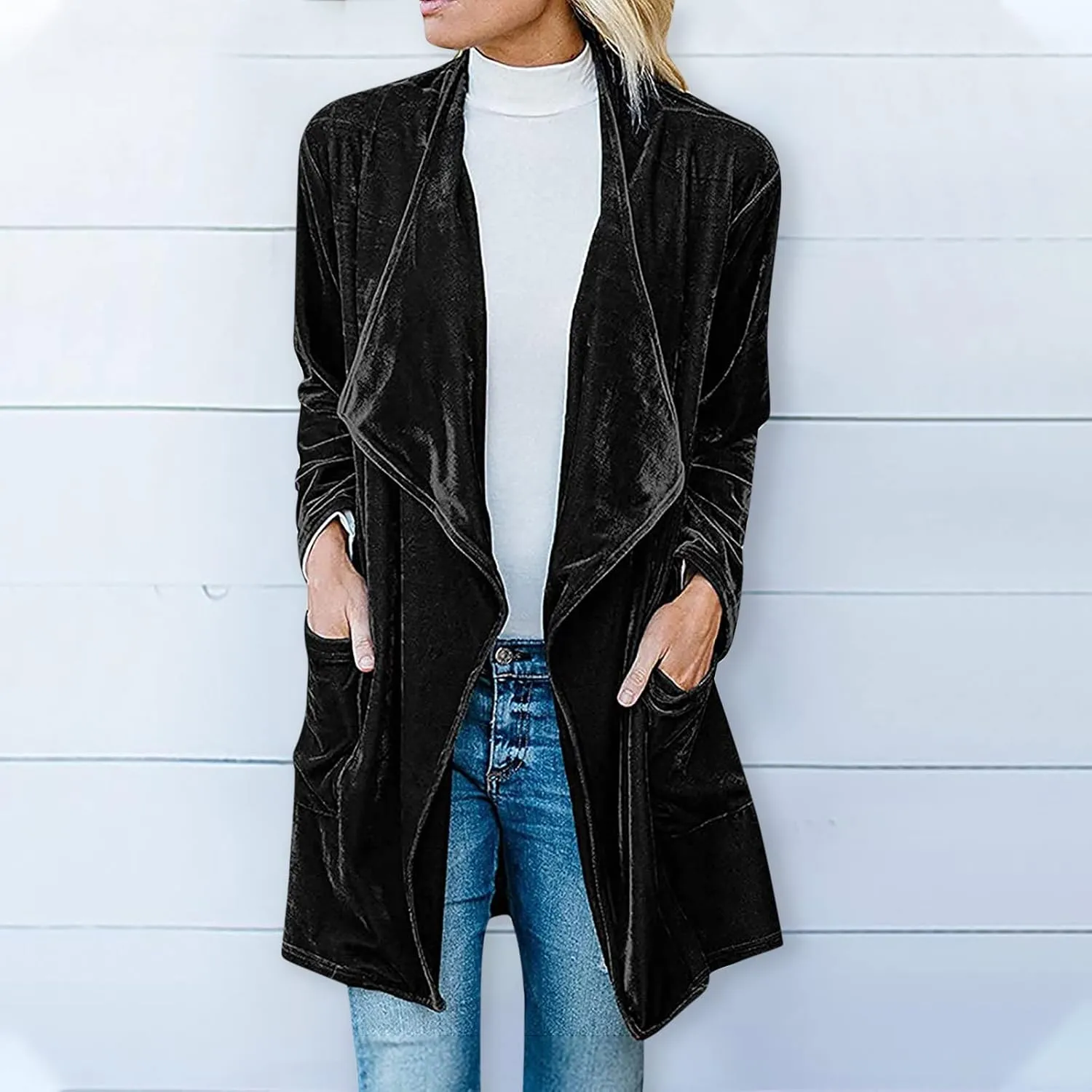 Womens Casual Velvet Long Cardigan Jackets Long Sleeve Solid Color Coat Open Front Fashion Coatigan with Pockets