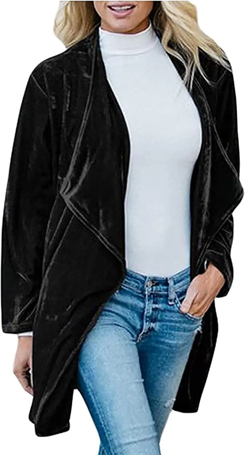 Womens Casual Velvet Long Cardigan Jackets Long Sleeve Solid Color Coat Open Front Fashion Coatigan with Pockets