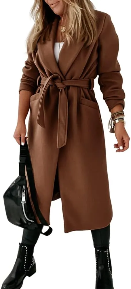 Womens Classic Coat Lapel Collar Open Front Belted Long Jacket