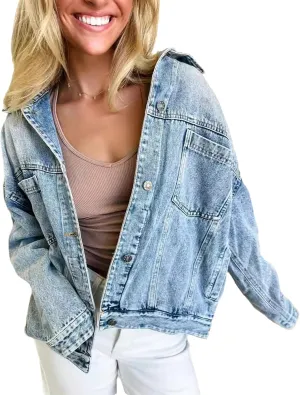 Women's Classic Denim Jackets Oversized Long Sleeve Button Down Basic Trendy Washed Jean Jackets