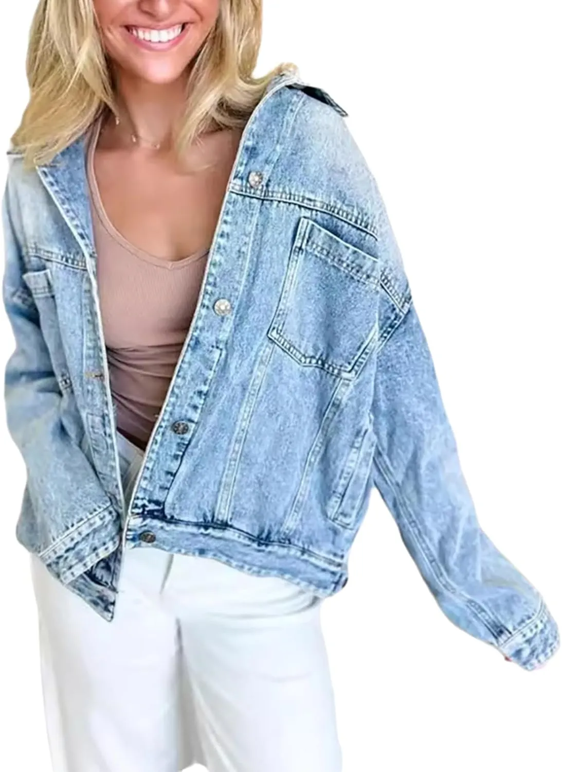 Women's Classic Denim Jackets Oversized Long Sleeve Button Down Basic Trendy Washed Jean Jackets
