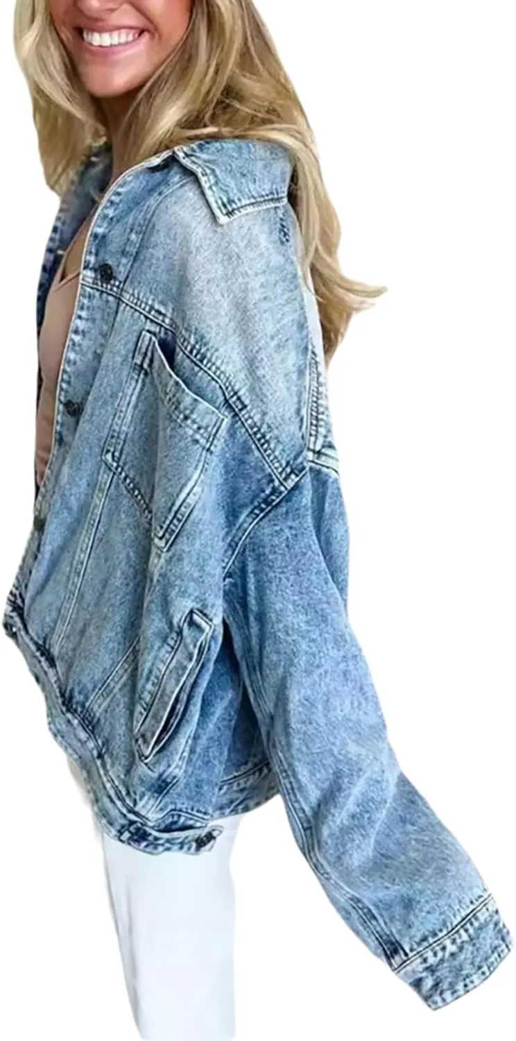 Women's Classic Denim Jackets Oversized Long Sleeve Button Down Basic Trendy Washed Jean Jackets