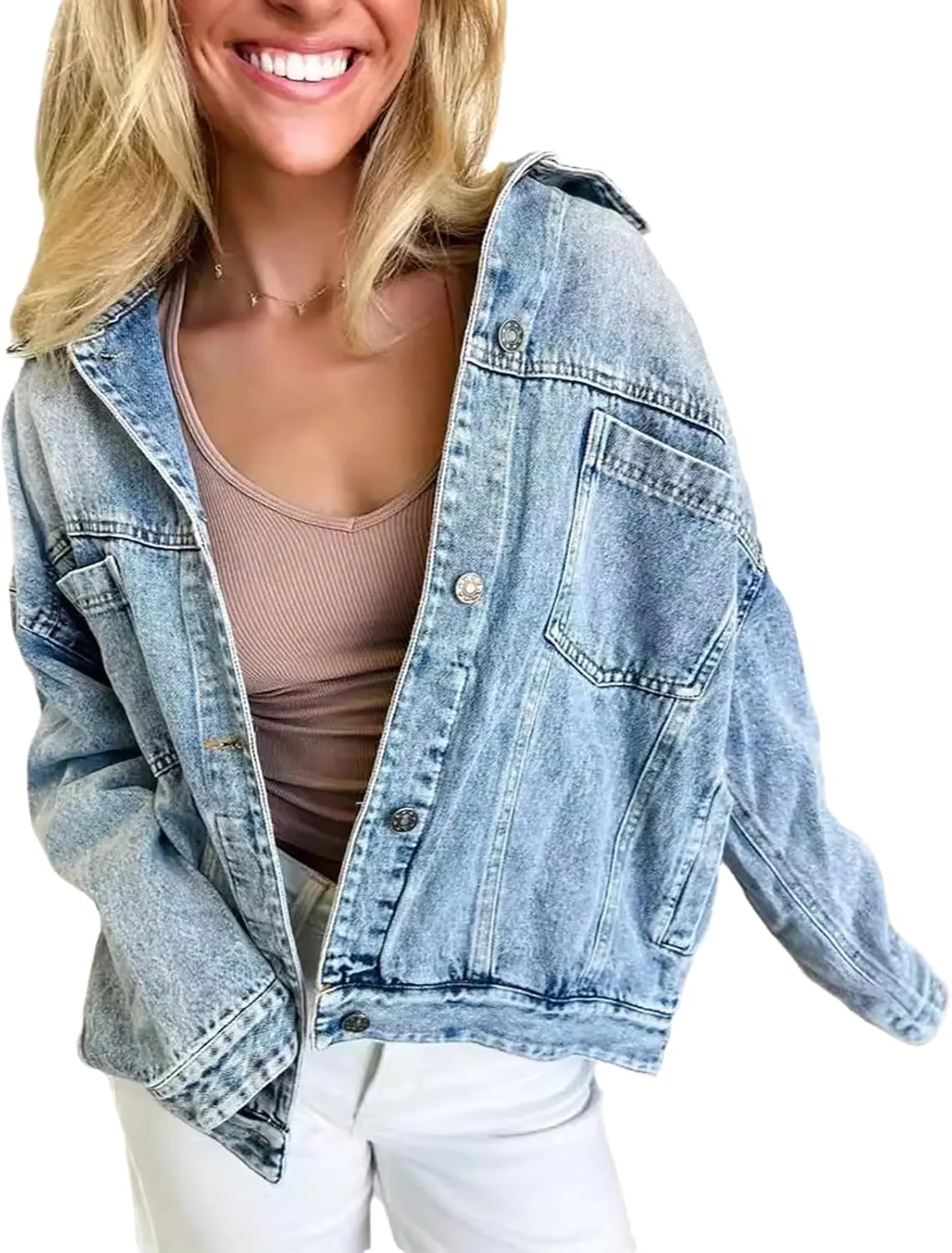 Women's Classic Denim Jackets Oversized Long Sleeve Button Down Basic Trendy Washed Jean Jackets