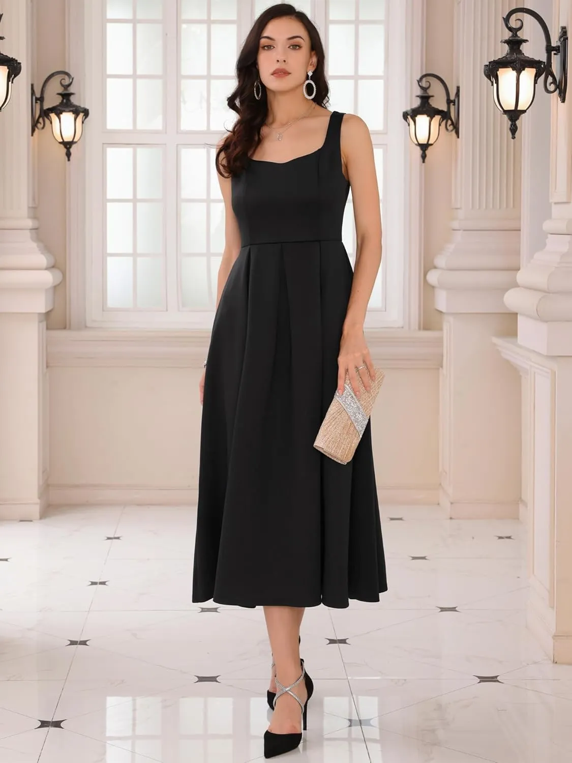 Women's Cocktail Dress Sleeveless Square Neck A-Line Pleated 50s Vintage Maxi Dress
