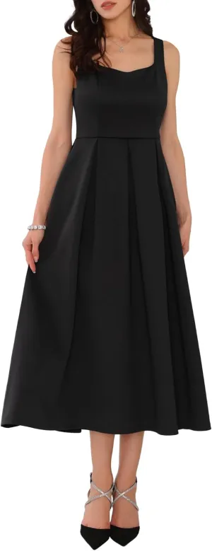Women's Cocktail Dress Sleeveless Square Neck A-Line Pleated 50s Vintage Maxi Dress