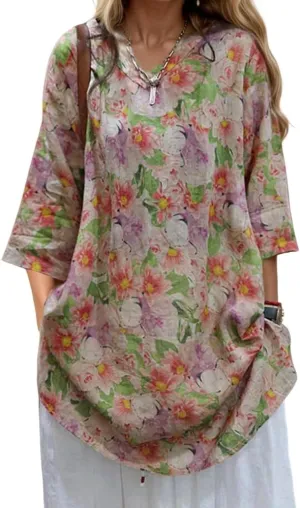 Womens Cotton Linen 3/4 Sleeve Floral Print V Neck Dresses Plus Size Vintage Casual Loose Tshirt Dress with Pockets