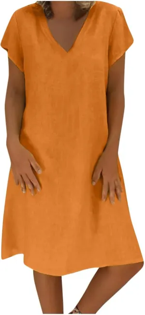 Women's Cotton Linen Dress Plus Size V Neck Short Sleeve Midi Dress Solid Color Dress Summer Loose Casual Flowy Dress