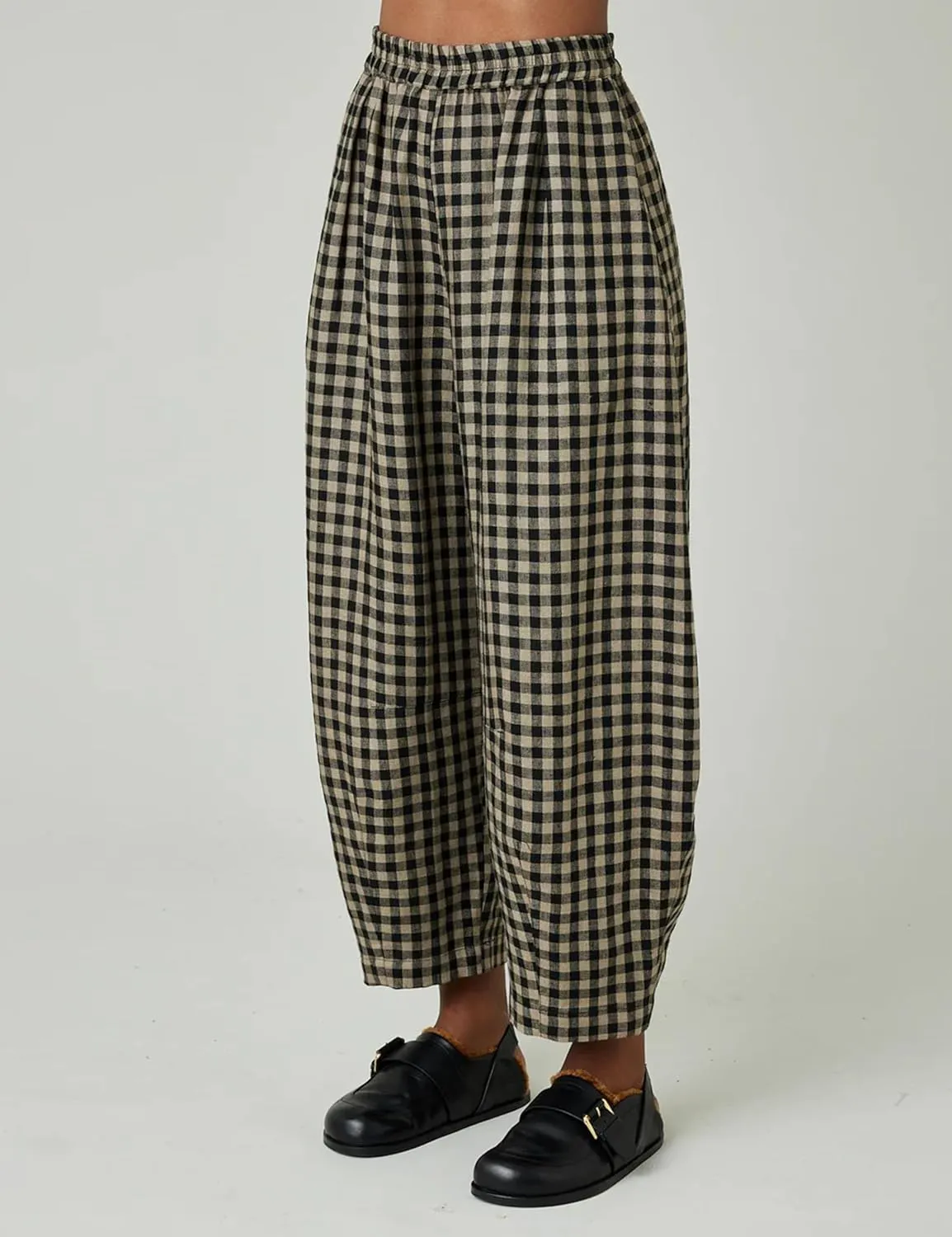 Women's Cotton Linen Harem Plaid Pants Elastic Waist Wide Leg Pants Loose Lightweight Trousers with Pockets