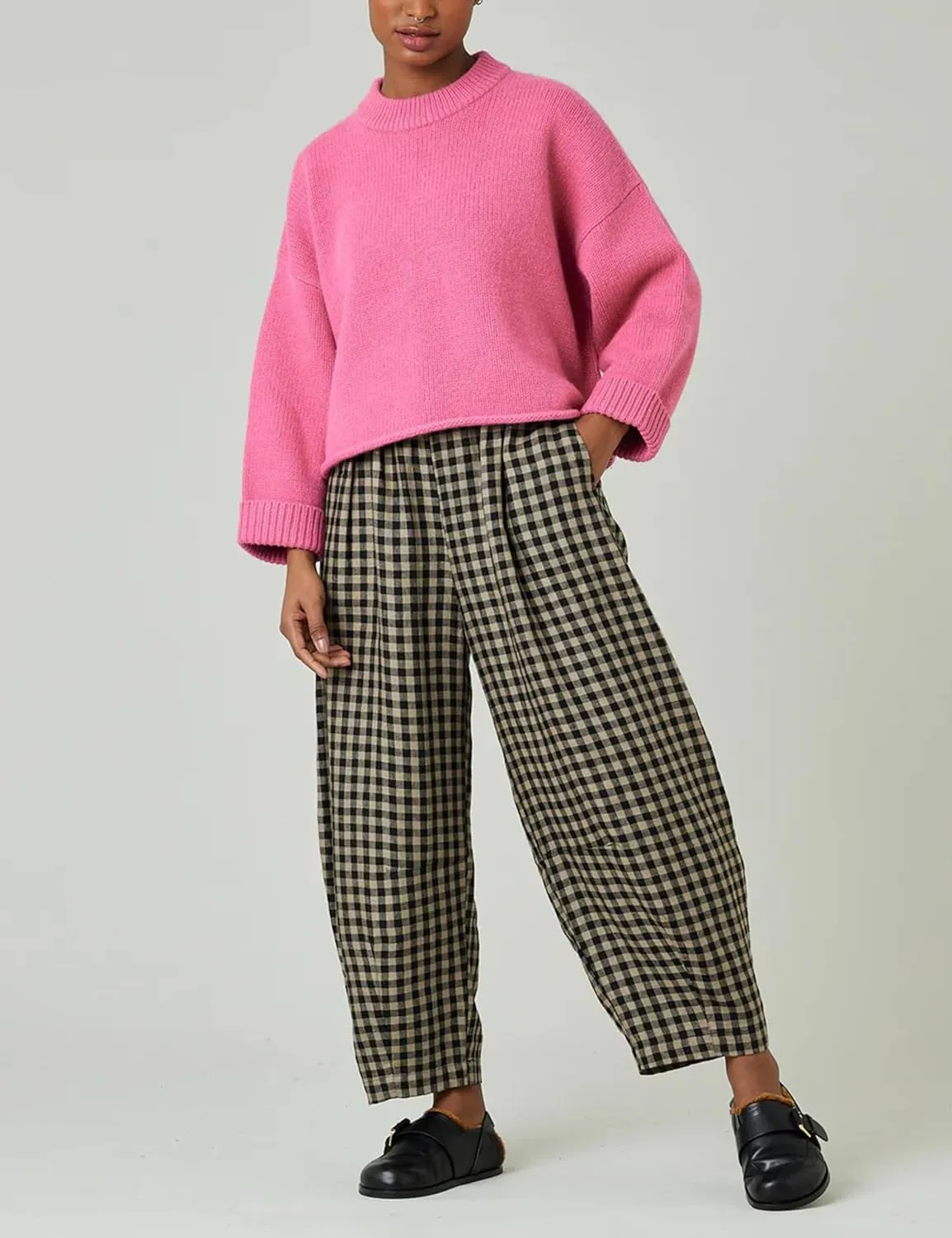 Women's Cotton Linen Harem Plaid Pants Elastic Waist Wide Leg Pants Loose Lightweight Trousers with Pockets