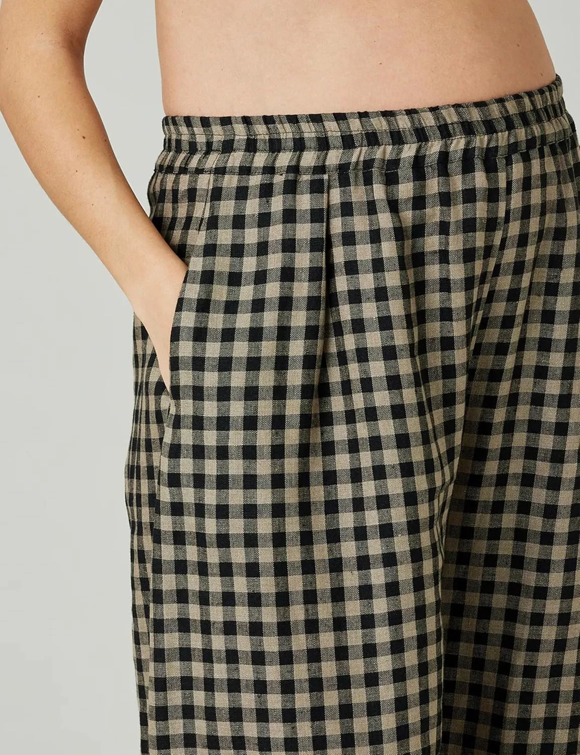 Women's Cotton Linen Harem Plaid Pants Elastic Waist Wide Leg Pants Loose Lightweight Trousers with Pockets
